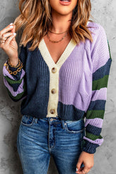 Color Block Rib-Knit V-Neck Cardigan - Shah S. Sahota